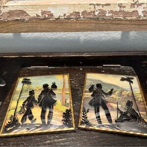 Pair Vintage Reverse Shadow Silhouettes on Curved Convex Glass